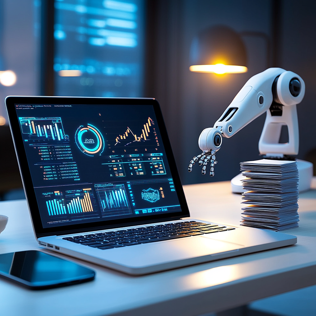 Automatización de procesos financieros y administrativos con inteligencia artificial, mostrando un escritorio con gráficos en tiempo real y un brazo robótico organizando documentos.