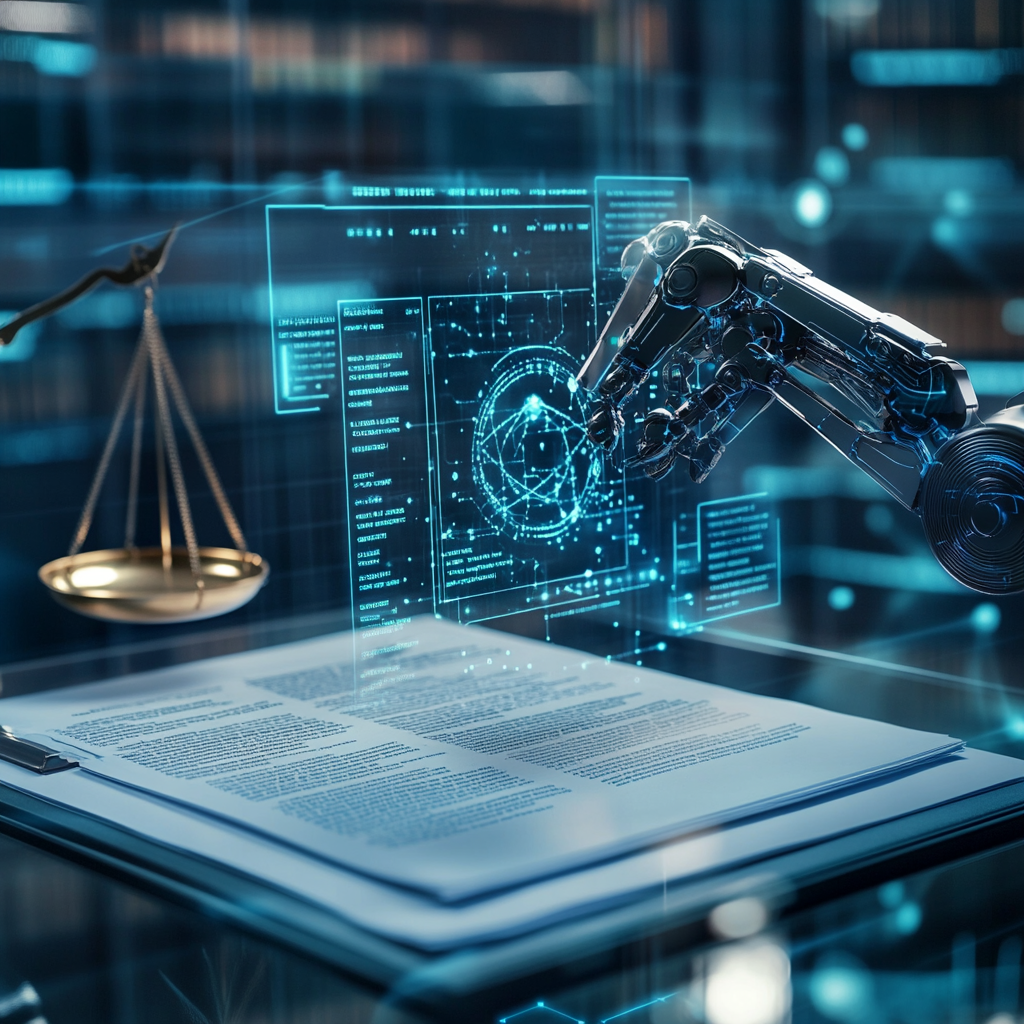 Fusión de inteligencia artificial y compliance: hologramas analizando documentos legales y un brazo robótico validando contratos.