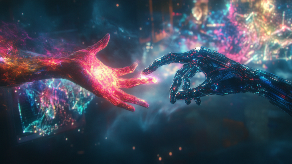 Escena ultrarrealista de una mano humana interactuando con un brazo robótico en un entorno futurista con tecnología avanzada.