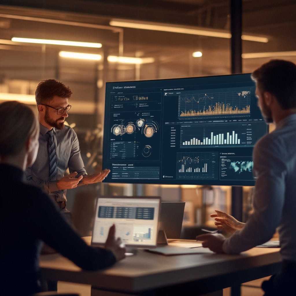 Equipo colaborando en la gestión de proyectos con un panel digital en tiempo real, mostrando tareas y métricas de progreso.